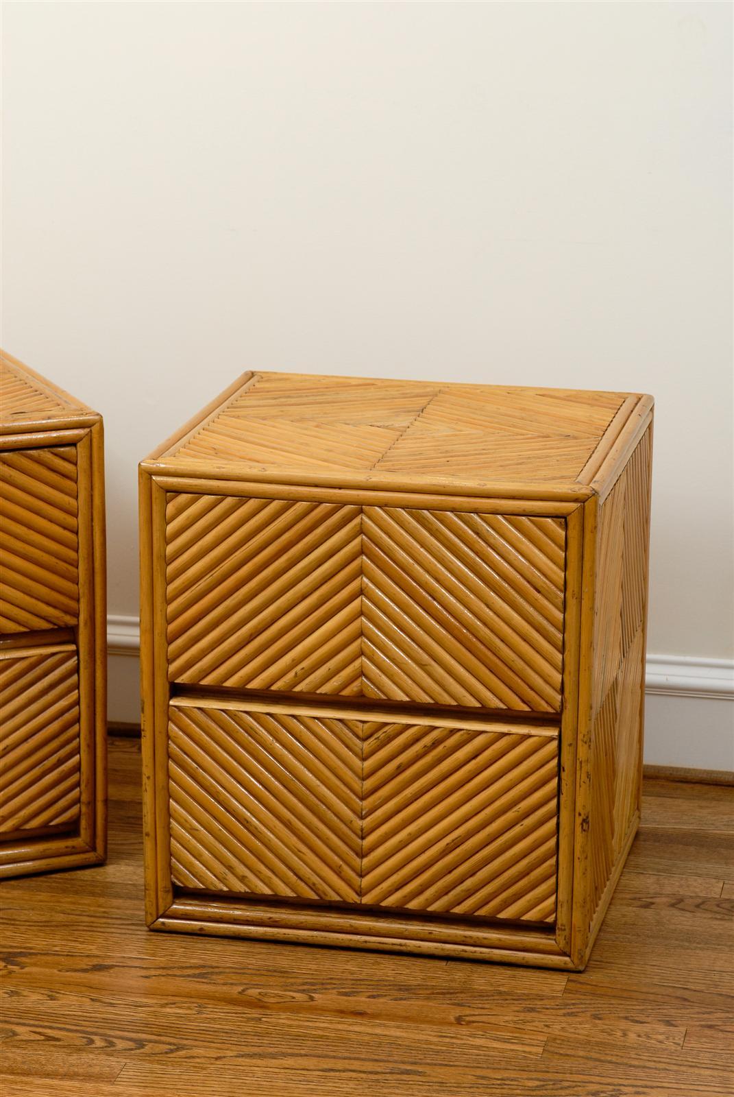 Chic Restored Pair of Vintage Split Bamboo Cube Chests In Excellent Condition In Atlanta, GA