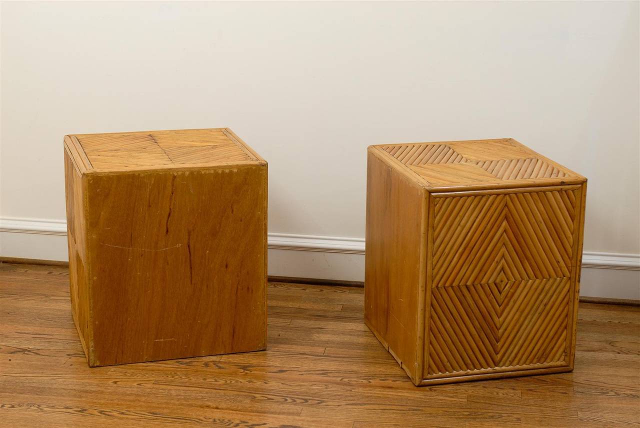 Late 20th Century Chic Restored Pair of Vintage Split Bamboo Cube Chests