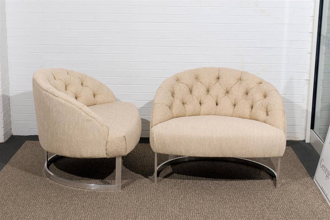 Aluminum Pair of Overscale Tufted Lounge Chairs in the Style of Harvey Probber For Sale