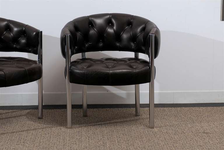 Exceptional Pair of Tufted Leather Barrel Back Chrome Arm Chairs 1