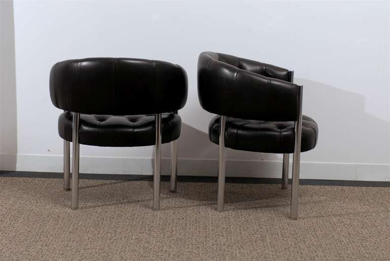 Exceptional Pair of Tufted Leather Barrel Back Chrome Arm Chairs 2