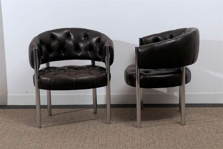 Exceptional Pair of Tufted Leather Barrel Back Chrome Arm Chairs 3