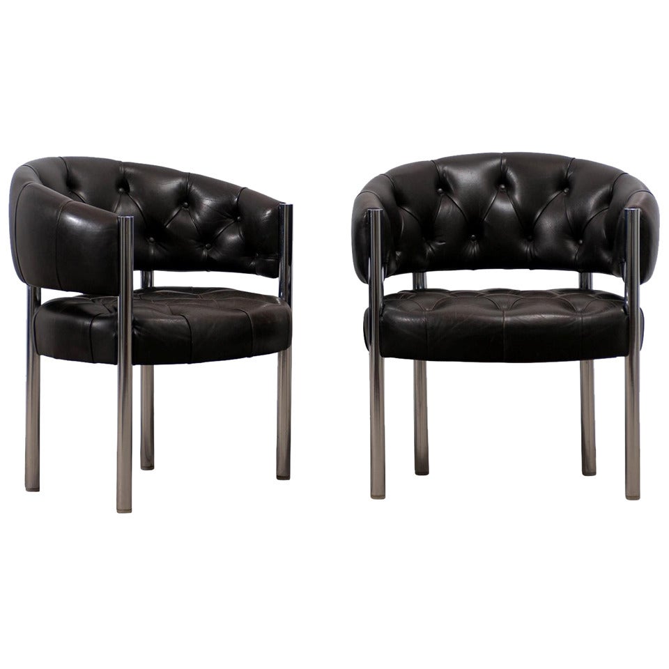 Exceptional Pair of Tufted Leather Barrel Back Chrome Arm Chairs