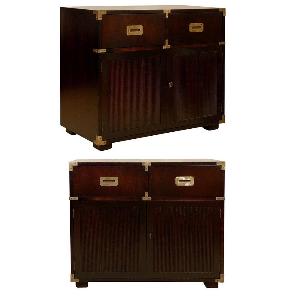 Handsome Restored Pair of Vintage Henredon Campaign Chests in Espresso Lacquer
