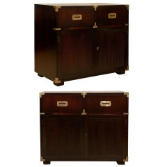 Handsome Restored Pair of Retro Henredon Campaign Chests in Espresso Lacquer