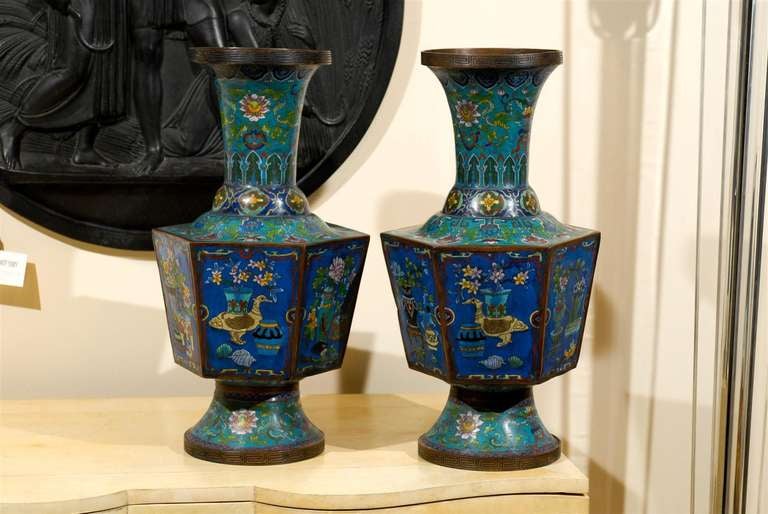 Pair of Beautiful Cloisonne Urns In Good Condition In Atlanta, GA
