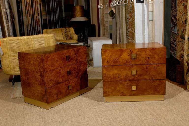 Pair of Burled Three Drawer chest made by Founders