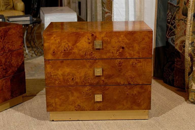 Late 20th Century Pair of Burled Three Drawer Side Tables With Brass Pulls