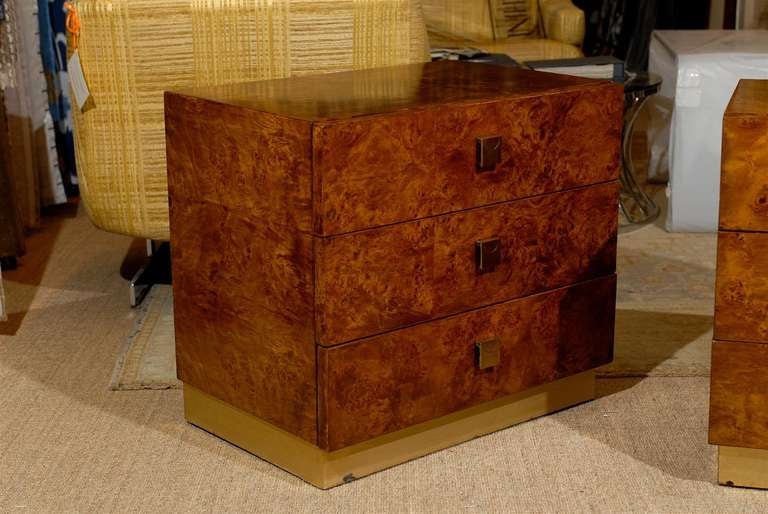 American Pair of Burled Three Drawer Side Tables With Brass Pulls