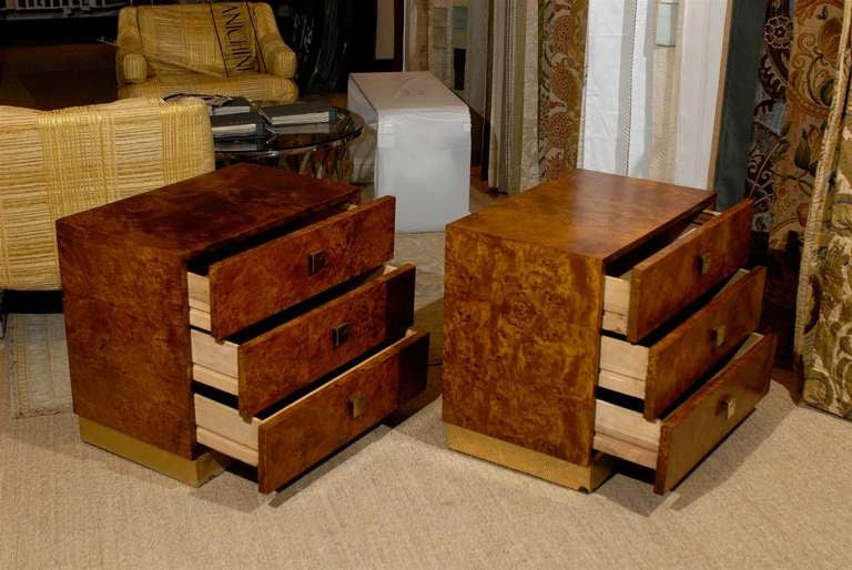 Pair of Burled Three Drawer Side Tables With Brass Pulls 1