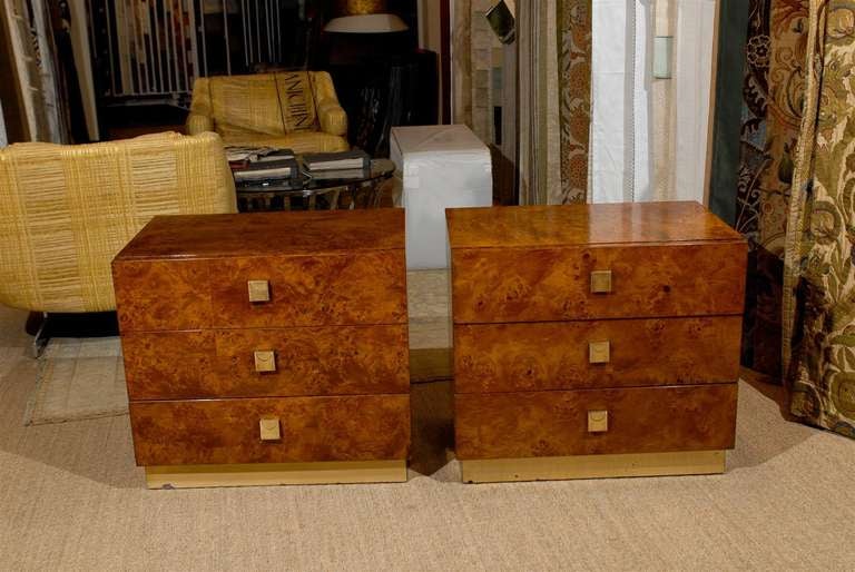 Modern Pair of Burled Three Drawer Side Tables With Brass Pulls