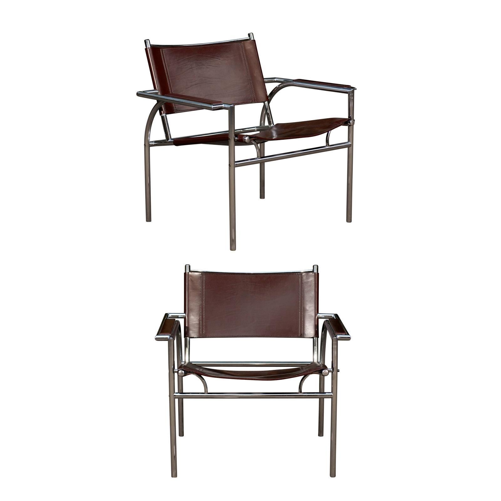 Striking Pair of Tubular Chrome Lounge/Club Chairs in Cordovan Leather