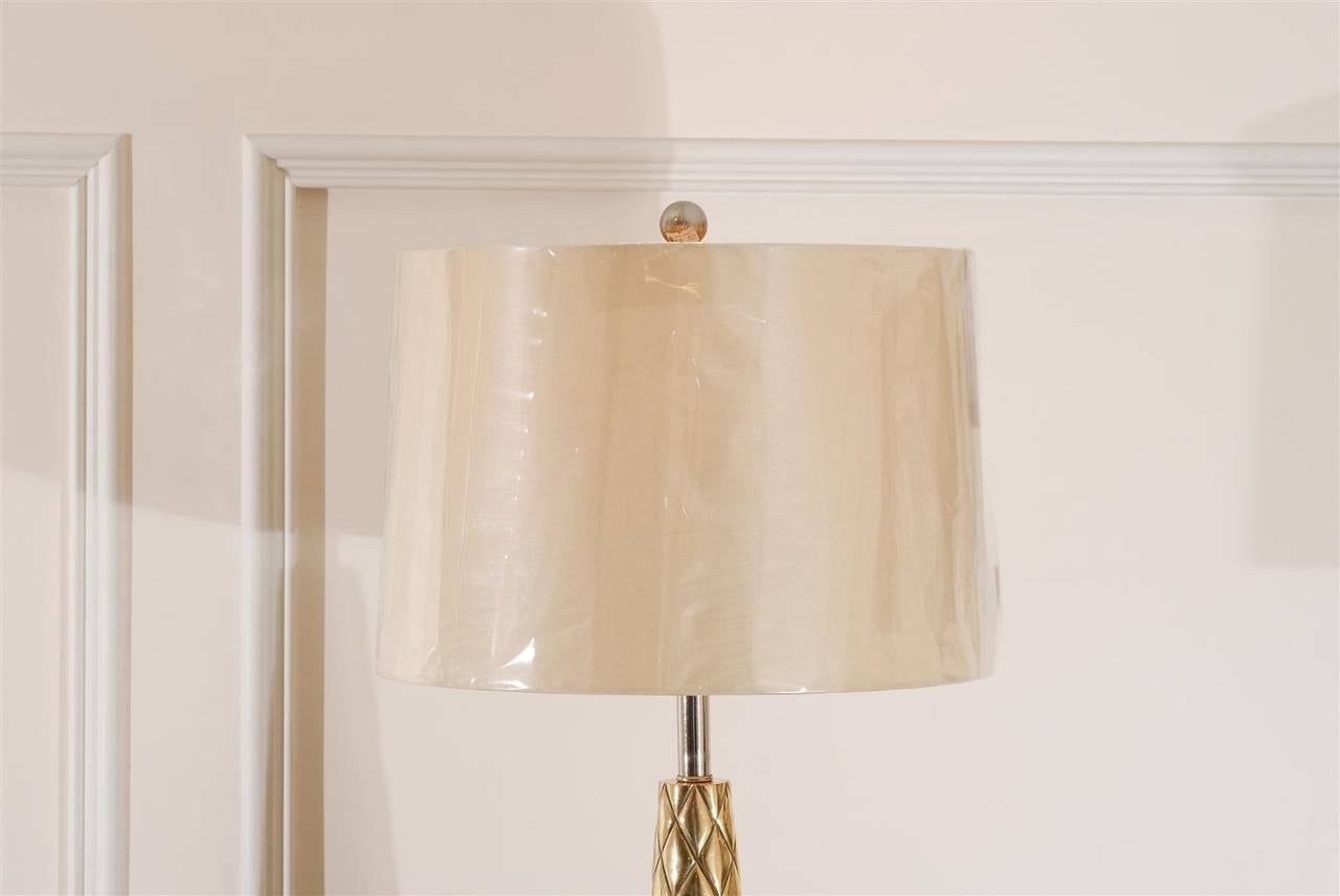Exquisite Pair of Modern Etched Cone Lamps in Nickel and Brass In Excellent Condition For Sale In Atlanta, GA