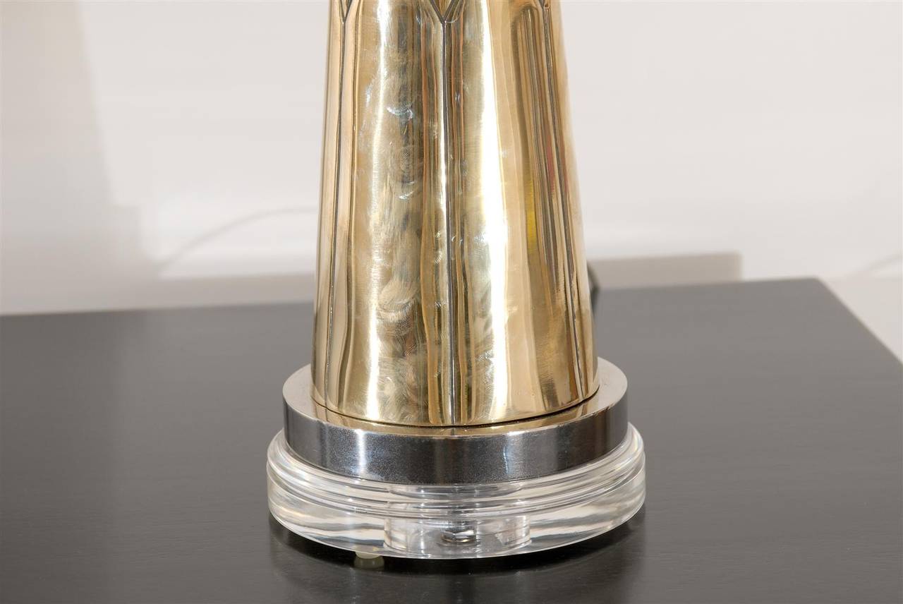 Mid-20th Century Exquisite Pair of Modern Etched Cone Lamps in Nickel and Brass For Sale