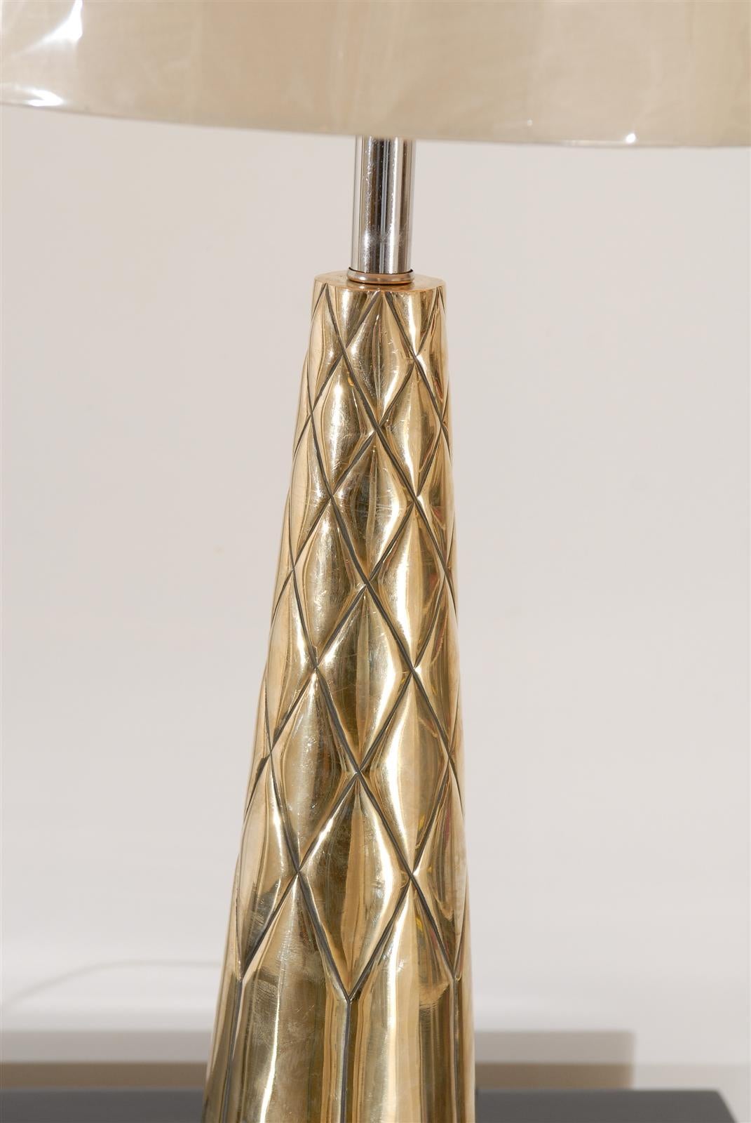 Exquisite Pair of Modern Etched Cone Lamps in Nickel and Brass For Sale 1
