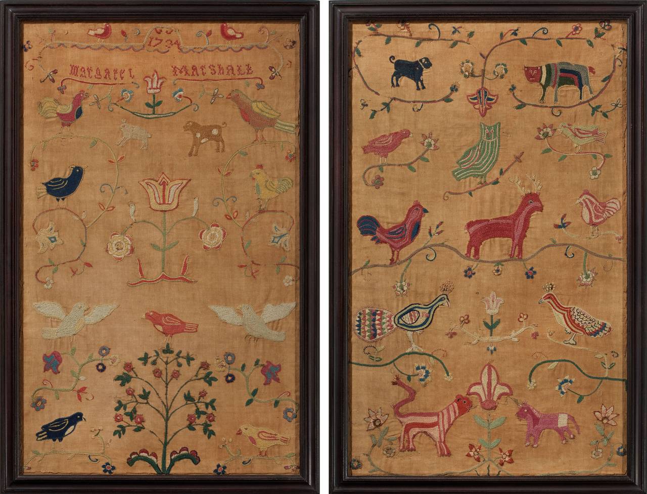 These two outstanding needlework panels are the front and back of a large, drawstring work bag made by Margaret Marshall in 1734. The front and back were separated many years ago and they were framed at that time; proper conservation mounting was