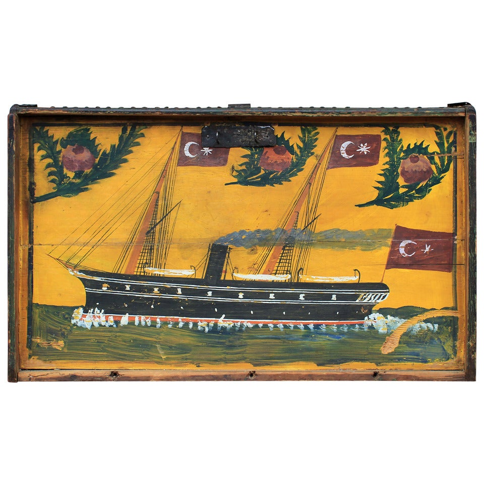 Turkish Folk Art: Ship Painting on Sea Chest Lid For Sale