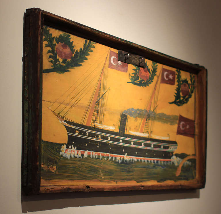 Turkish Folk Art: Ship Painting on Sea Chest Lid In Excellent Condition For Sale In Philadelphia, PA