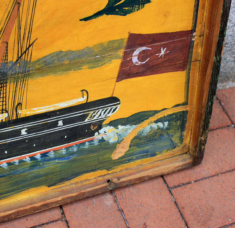 Turkish Folk Art: Ship Painting on Sea Chest Lid For Sale 1