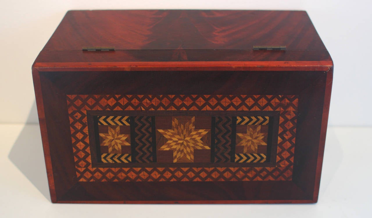Folk Art Inlaid Box, Stars, Diamonds, Chevrons, 19th Century, American For Sale