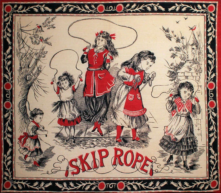 Three printed handkerchiefs of children playing skip rope, cricket and hop scotch, circa 1870. Printer's mark visible on the Hop Scotch one: S.H. Greene & Sons.

From the late 18th century through the late 19th century pictorial handkerchiefs were
