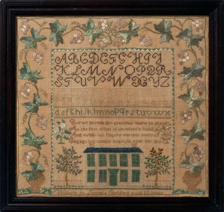This sampler is signed, “Wrought by Lucinda Stoddard aged 10 years,” along the bottom, underneath the house and lawn scene. Lucinda Maria Stoddard was the daughter of Amos and Lucy (White) Stoddard who lived in Nelson, New Hampshire, west of