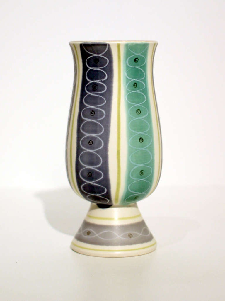 1950s Freeform Poole Pottery in modernist painted designs.

Starting out as a tile manufacturer in the 19th century, the Poole company developed outstanding glazing techniques and interesting forms. In the 1950s, after the wartime restrictions