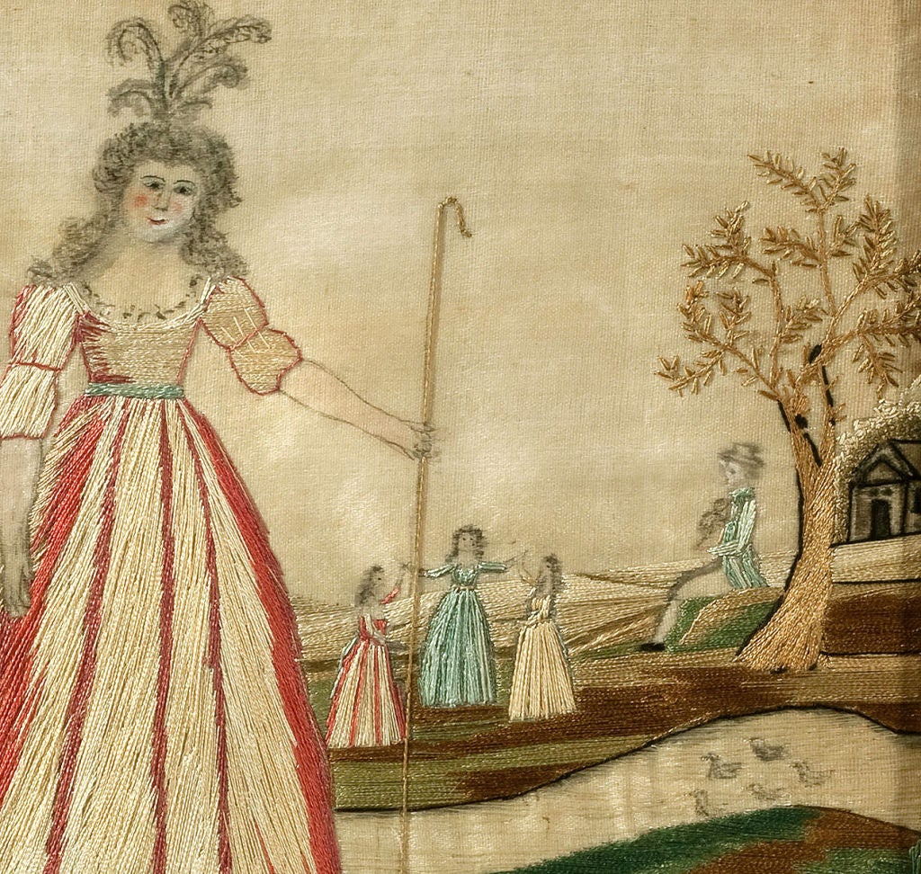Americans from the upper classes employed portrayals of gentlefolk enjoying leisure activities in the countryside as subject matter for samplers, needlework pictures and paintings. This small format silk embroidery is a splendid depiction of a young