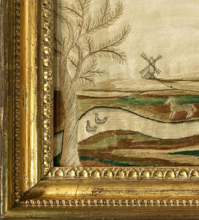 American Silk Embroidery of a Shepherdess and Windmill, c.1800 In Excellent Condition In Philadelphia, PA