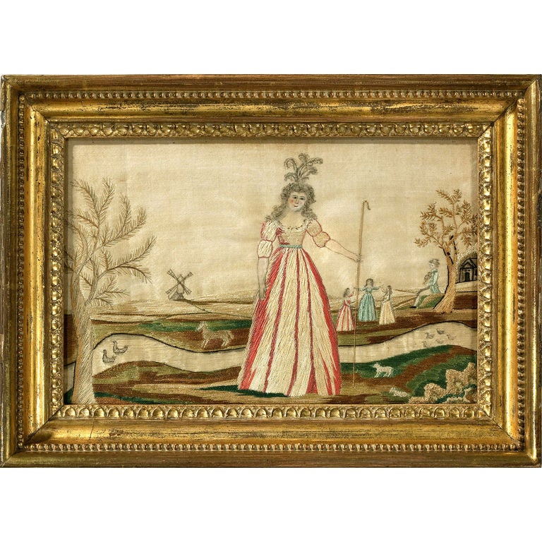 American Silk Embroidery of a Shepherdess and Windmill, c.1800