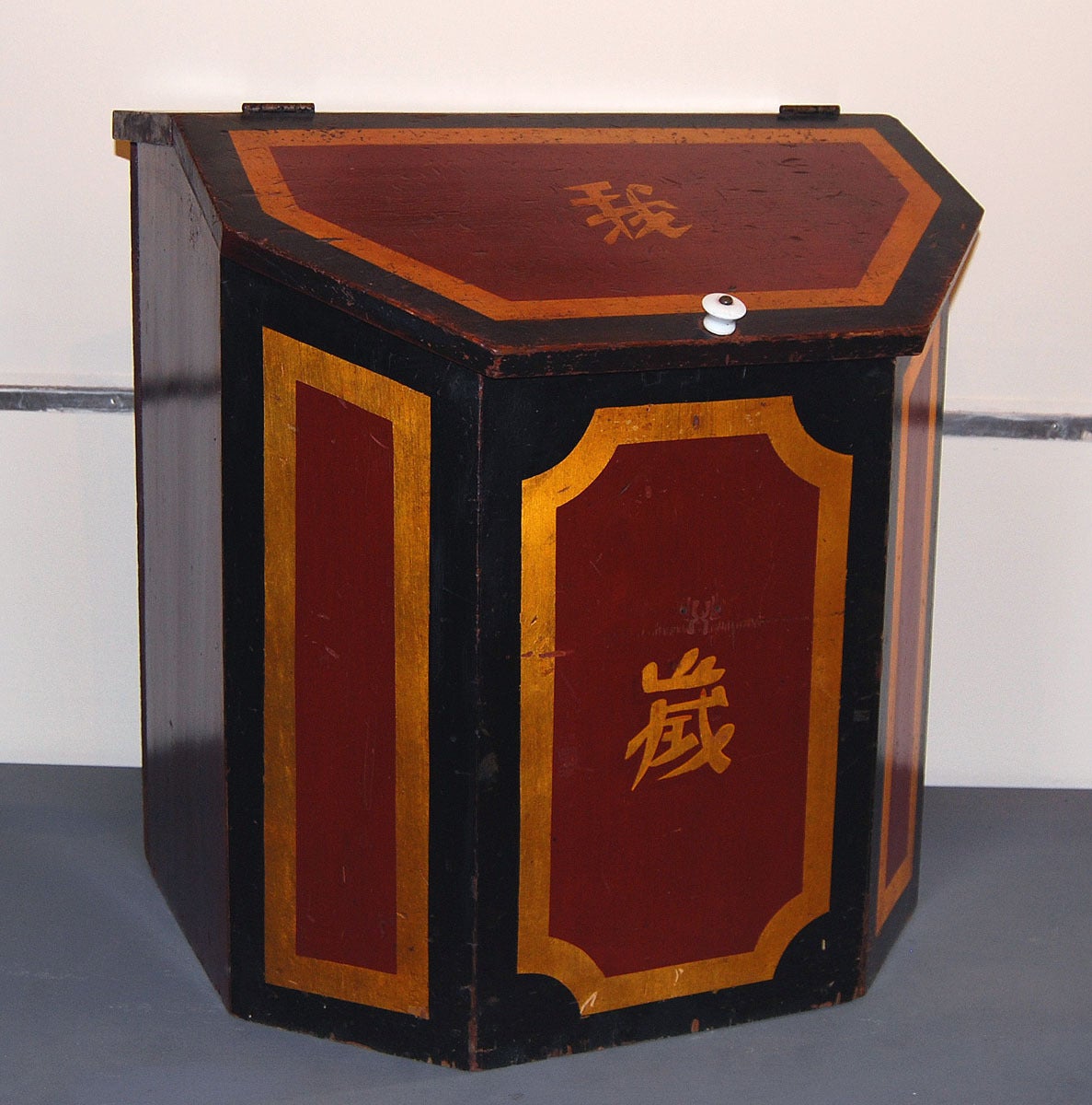 Pair of stunning, large painted Chinese bins for tea, in original red, black and gold paint; each with two silver paper-lined compartments. These would have been made for a shop and were used in New England. Excellent condition, original white
