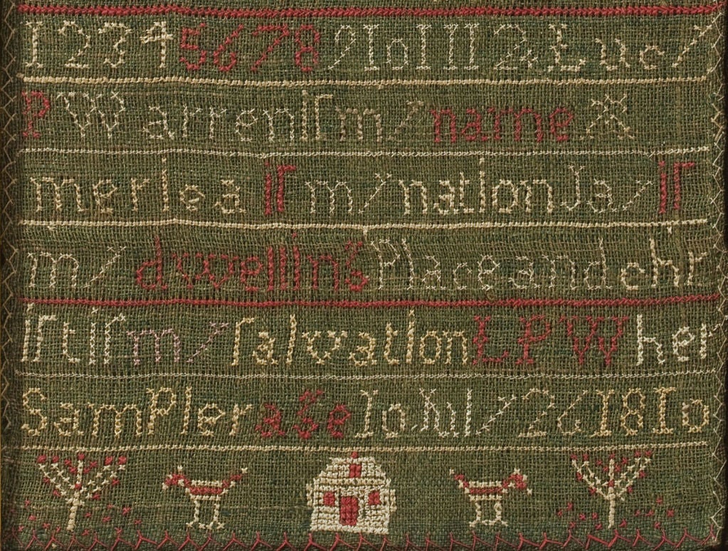 A very small proportion of samplers were worked on green linsey-woolsey, a fabric that combines linen and wool and which forms an outstanding ground color for the needlework. This is a fine, small sampler signed, “Lucy P. Warren is my name America