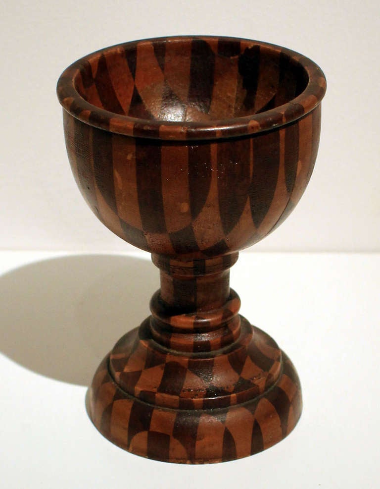 Handsome turned mixed wood marquetry goblet; American, early 20th century