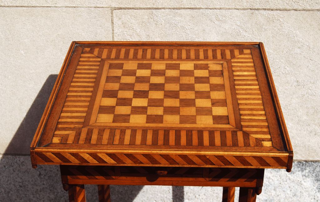 American Checkerboard Marquetry Table Made by Conn. State Prisoner, 1895