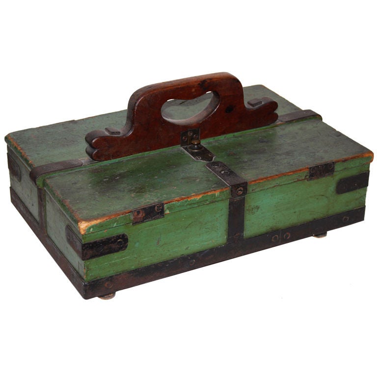 Green Painted and Iron Strapped Double Lidded Box For Sale