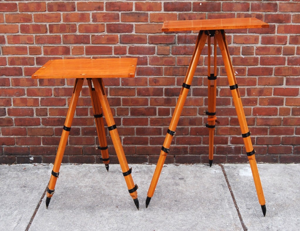 Sharp pair of mid century Keuffel & Esser surveyors tables originally from Amherst College, Dept. of Geology. Fully adjustable heights, solid wood; priced for the pair. Very sturdy.