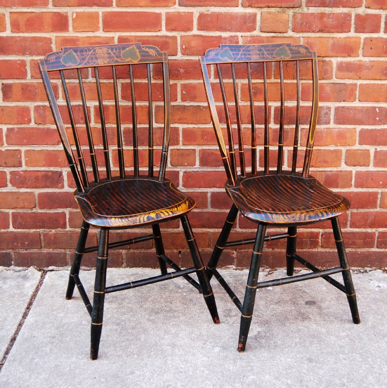 Folk Art Pair Exceptional Paint-Decorated Windsor Chairs, Probably Boston, c 1820 For Sale