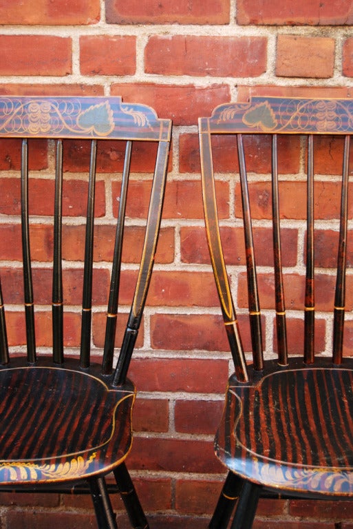 Turned Pair Exceptional Paint-Decorated Windsor Chairs, Probably Boston, c 1820 For Sale