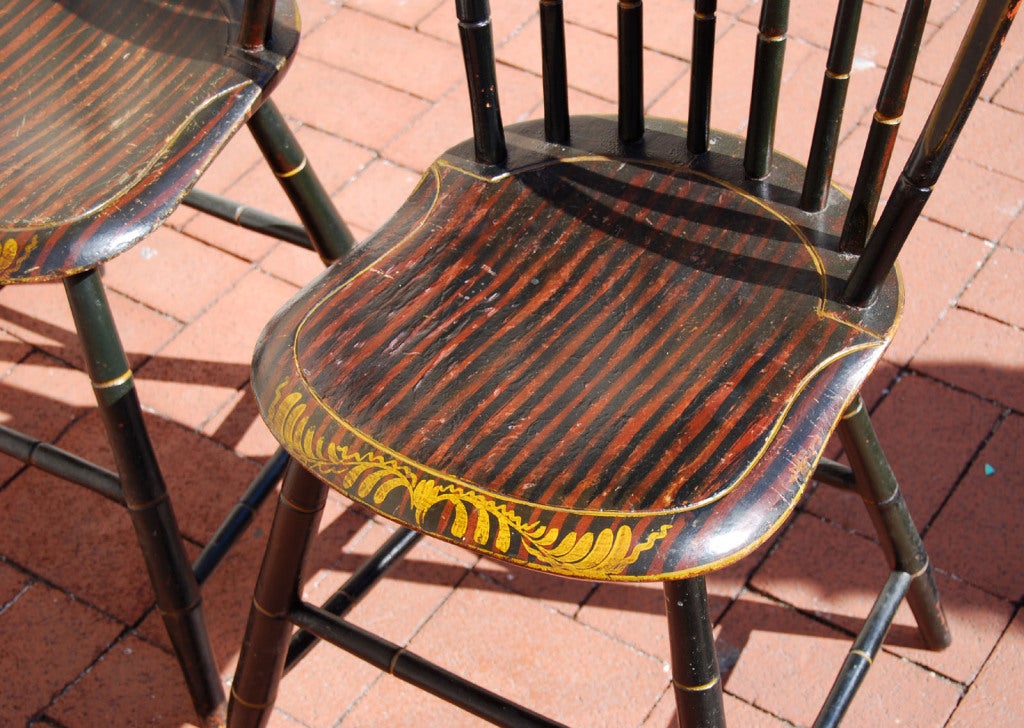 19th Century Pair Exceptional Paint-Decorated Windsor Chairs, Probably Boston, c 1820 For Sale