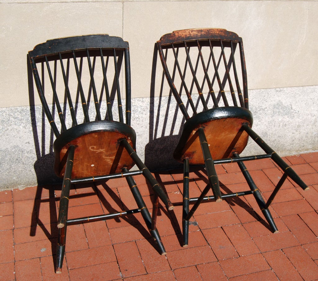 Wood Pair Exceptional Paint-Decorated Windsor Chairs, Probably Boston, c 1820 For Sale
