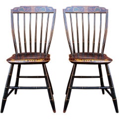 Antique Pair Exceptional Paint-Decorated Windsor Chairs, Probably Boston, c 1820