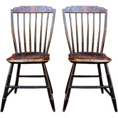 Pair Exceptional Paint-Decorated Windsor Chairs, Probably Boston, c 1820