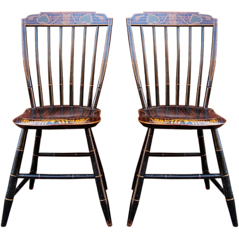 Pair Exceptional Paint-Decorated Windsor Chairs, Probably Boston, c 1820 For Sale