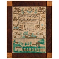 Antique New Hampshire Sampler with Watercolor Folk Townscape, 1827