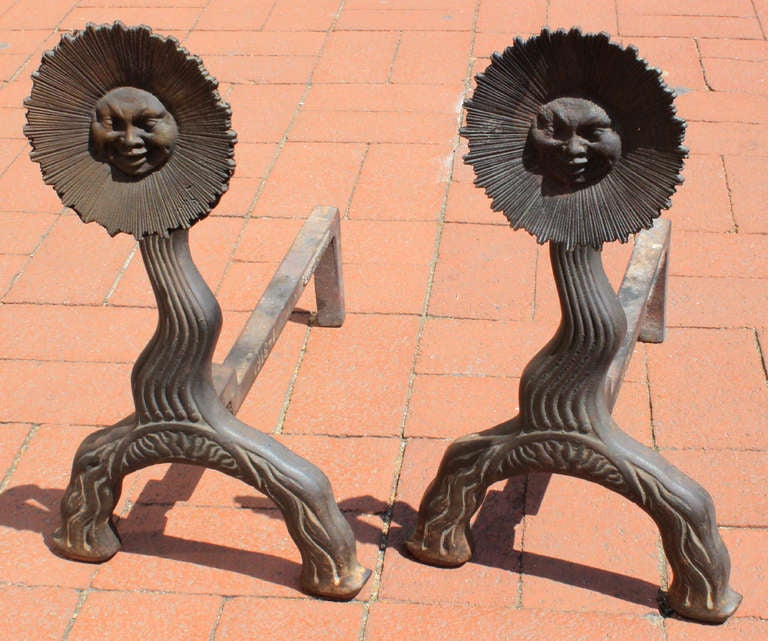 19th Century Pair of American Sunface Andirons