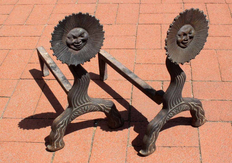 Iron Pair of American Sunface Andirons