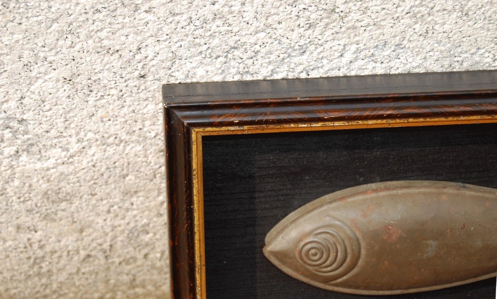 Striking and rare two-part pressed tin fish mold, now displayed in a shadowbox made from a painted period frame with gold liner. The fish itself measures 12.5