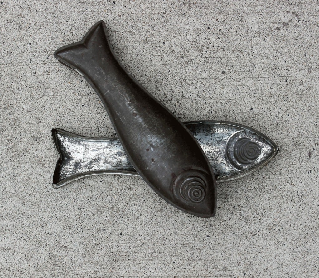 Two-Part Folky Tin Fish Mold in Shadowbox Frame In Excellent Condition In Philadelphia, PA