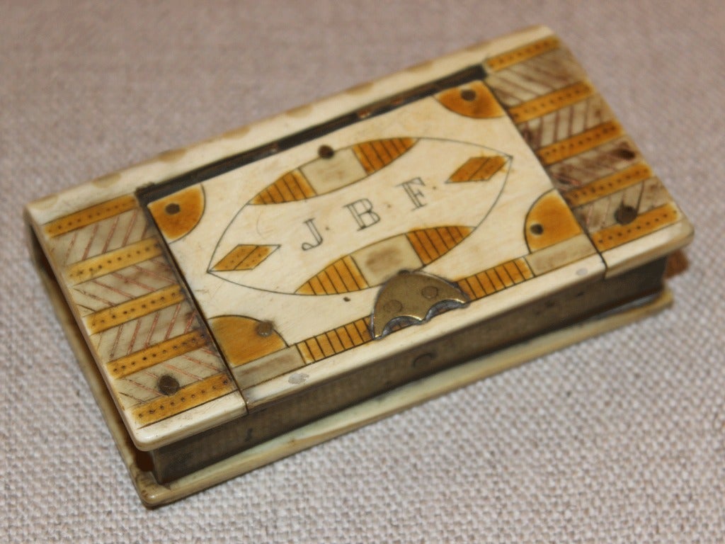 Horn & brass snuff box with fine etched and colored detail, and initialed J.B.F., 18th century. All original including brass hinge.