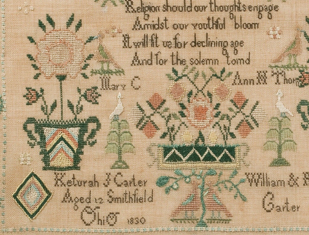 Ohio samplers are far rarer than those from states along the eastern seaboard.Documented instructresses include Ann H. Thorn of Smithville, Jefferson County and samplers worked by her students are amongst the finest of all known Ohio needleworks. We